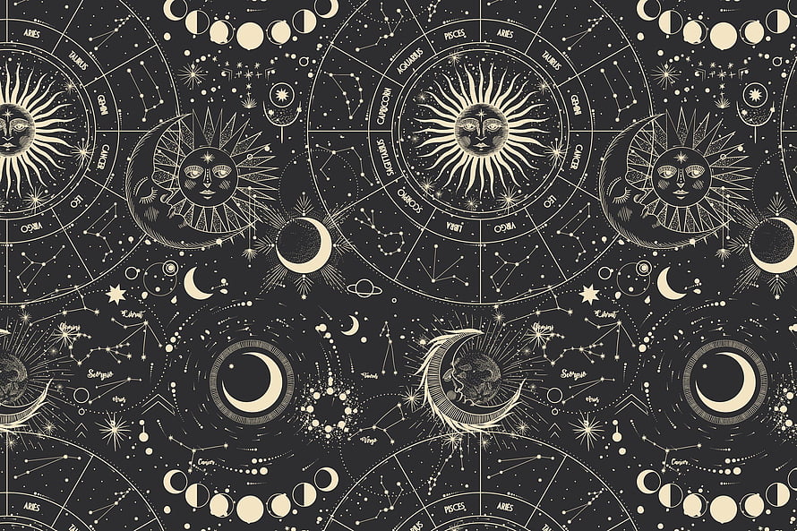 Celestial Zodiac Wheel Pattern with Sun and Moon Faces on Dark Background HD wallpaper