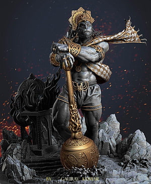 Majestic Hanuman Statue Holding Golden Mace with Ornate Crown and Flames, Lord Hanuman Background, Hanuman Meditation HD phone wallpaper