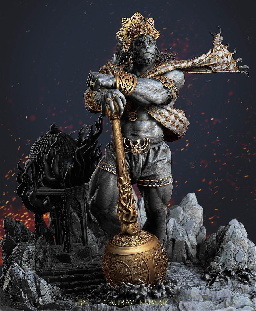 Majestic Hanuman Statue Holding Golden Mace with Ornate Crown and Flames, Lord Hanuman Background, Hanuman Meditation HD phone wallpaper