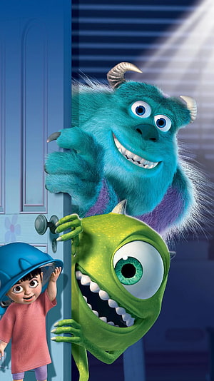 Sulley, Mike Wazowski, and Boo peeking from behind a blue door in Monsters Inc HD phone wallpaper