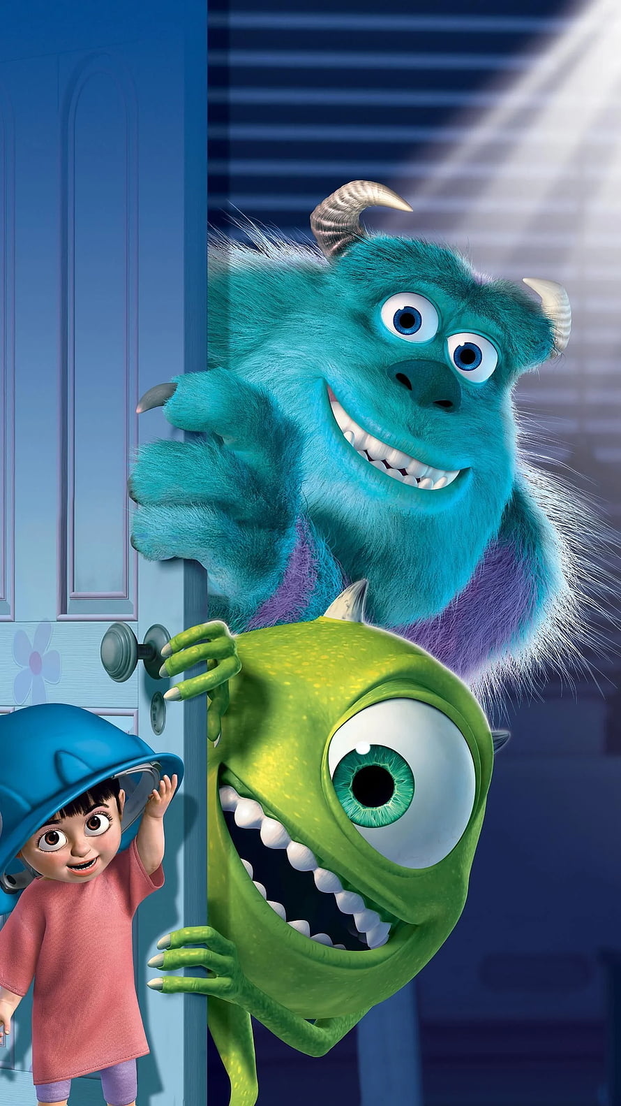 Sulley, Mike Wazowski, and Boo peeking from behind a blue door in Monsters Inc HD phone wallpaper