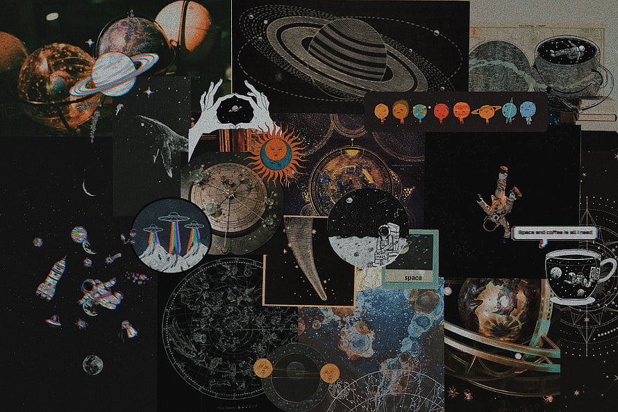 Retro Sci-Fi Space Collage with Planets, Astronauts, and Celestial Art Elements HD wallpaper