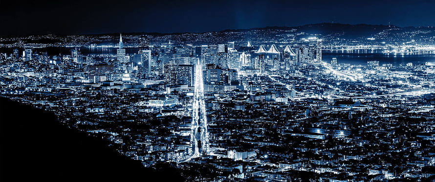 Aerial Night View of San Francisco Skyline with Golden Gate Bridge and Bay Area Lights HD wallpaper