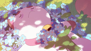 Bee and PuppyCat: Pink Cat Character Sleeping in a Bed of Blue Flowers HD wallpaper