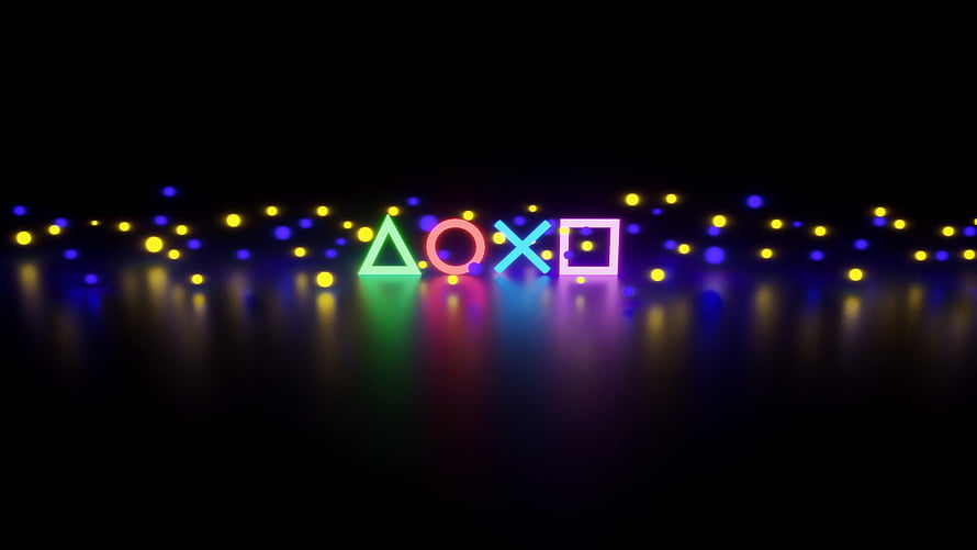 PlayStation Neon Symbols on Dark Stage with Glowing Particles and Reflective Floor HD wallpaper