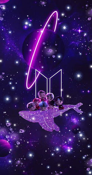 Seventeen Chibi Members Riding Glittery Whale in Purple Space Galaxy Wallpaper HD phone wallpaper