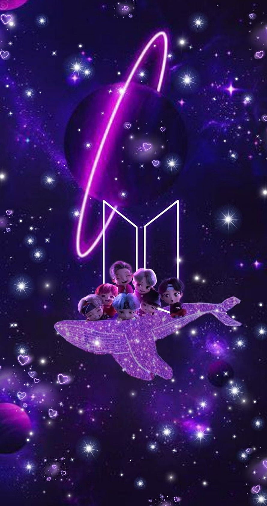 Seventeen Chibi Members Riding Glittery Whale in Purple Space Galaxy Wallpaper HD phone wallpaper