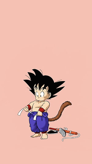 Little Goku with Tail and Power Pole on Pink Background HD phone wallpaper