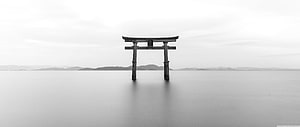 Monochrome Torii Gate Standing in Calm Water with Distant Hills HD wallpaper