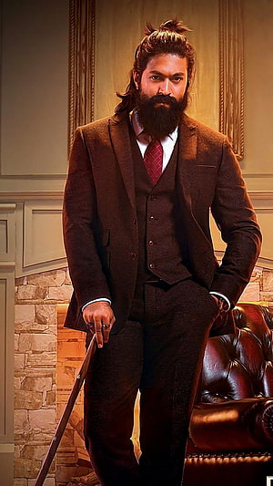 Yash in Rocky Bhai as a Dapper Gentleman in a Brown Suit with Cane, Yash, kannada movie, rocky bhai HD phone wallpaper