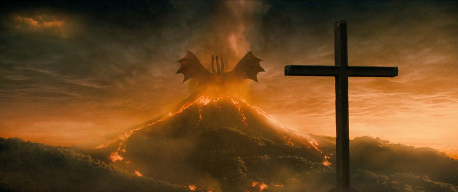 Ghidorah Rising From Volcanic Eruption With Cross Silhouette In King of the Monsters HD wallpaper