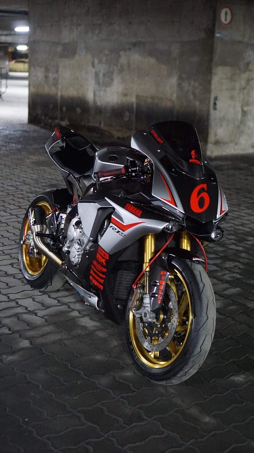 Yamaha R15 Sport Motorcycle with Gold Wheels in Underground Parking HD phone wallpaper