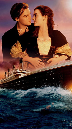 Titanic Movie Poster Featuring Jack and Rose Embracing Above the Ocean Liner at Sunset HD phone wallpaper
