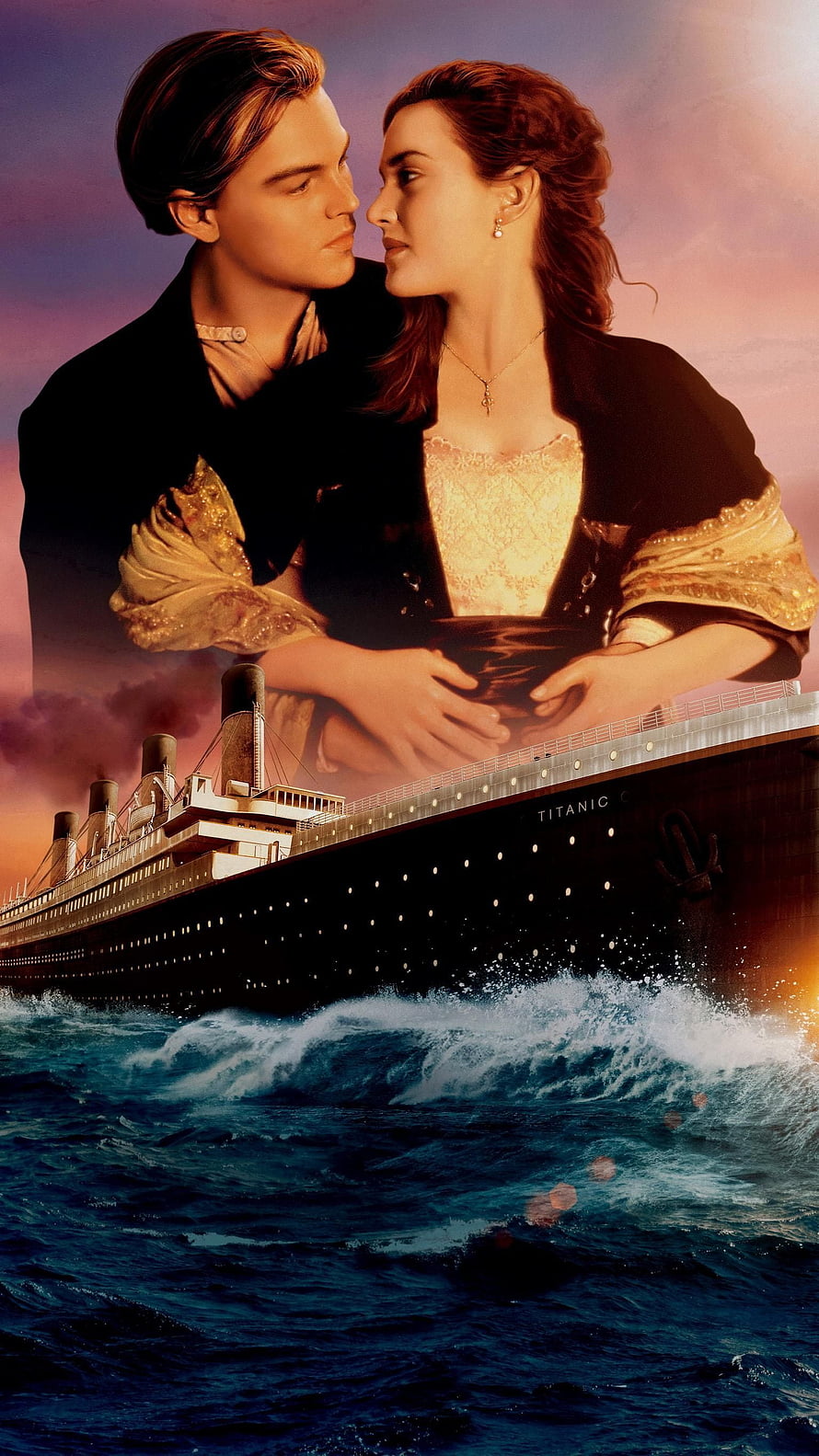 Titanic Movie Poster Featuring Jack and Rose Embracing Above the Ocean Liner at Sunset HD phone wallpaper