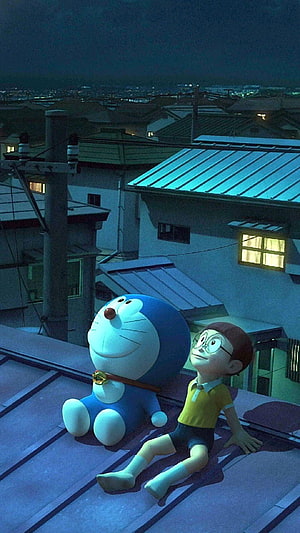Doraemon and Nobita Sitting on a Rooftop at Night Looking at the City HD phone wallpaper
