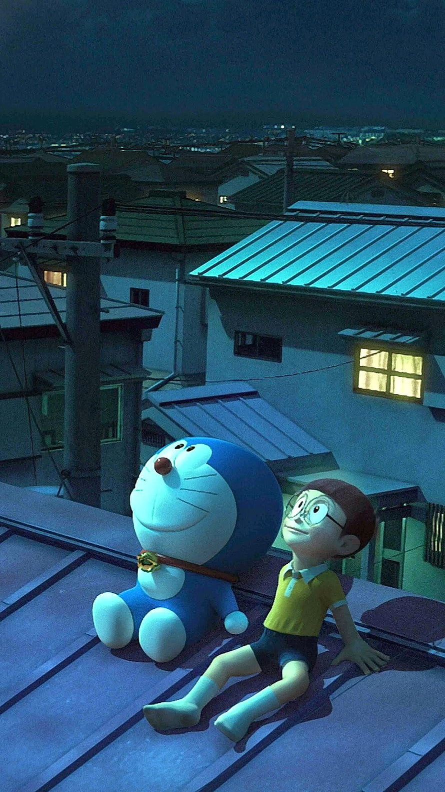 Doraemon and Nobita Sitting on a Rooftop at Night Looking at the City HD phone wallpaper