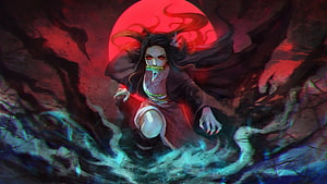 Demon Slayer Anime Character with Bamboo Cuff and Red Moon Background HD wallpaper