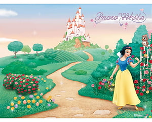 Snow White in a Flower Garden with a Castle on a Hill HD wallpaper
