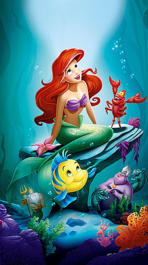 Ariel the Little Mermaid with Flounder, Sebastian, King Triton, and Ursula Underwater Scene HD phone wallpaper