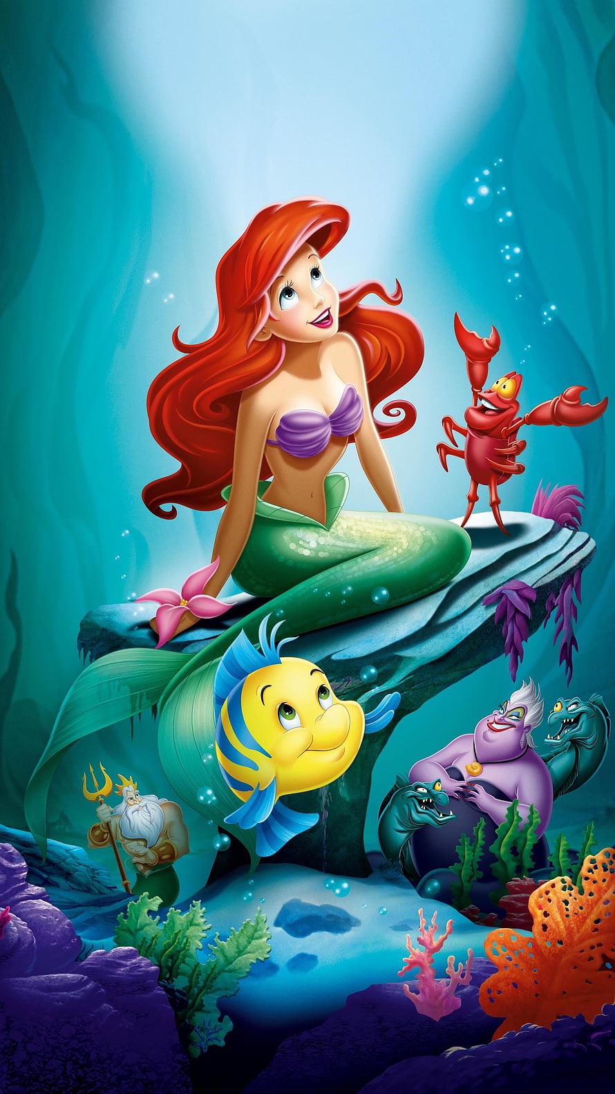 Ariel the Little Mermaid with Flounder, Sebastian, King Triton, and Ursula Underwater Scene HD phone wallpaper