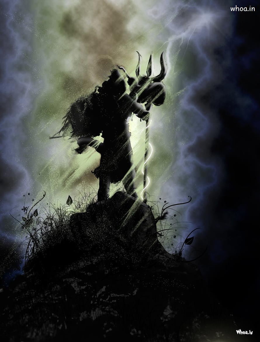 Shiva Dark Warrior Silhouette With Trident Amidst Lightning Storm HD phone wallpaper
