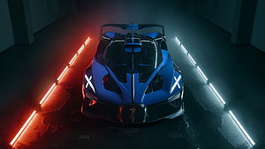 Blue Bugatti Bolide Hypercar Front View in Neon-Lit Garage HD wallpaper