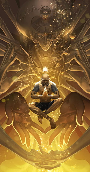 Meditating Monk Surrounded by Golden Divine Hands and Skull Spirit HD phone wallpaper