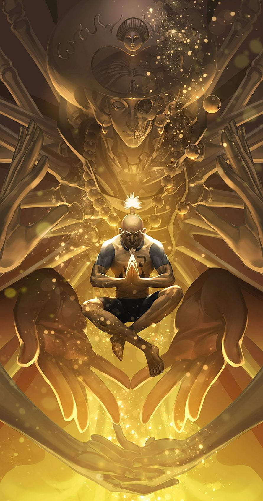 Meditating Monk Surrounded by Golden Divine Hands and Skull Spirit HD phone wallpaper