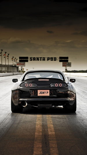 Rear View of Black Toyota Supra MK4 on Race Track at Santa Pod HD phone wallpaper