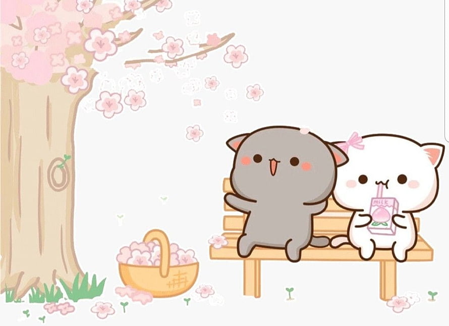 Cute Cartoon Cats Enjoying Cherry Blossoms and Milk on a Park Bench HD wallpaper
