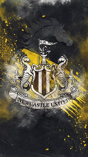 Newcastle United Crest with Seahorses and Castle on Black and Gold Grunge Background HD phone wallpaper