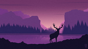 Silhouette of a majestic stag standing by a purple lake at sunset with mountains HD wallpaper