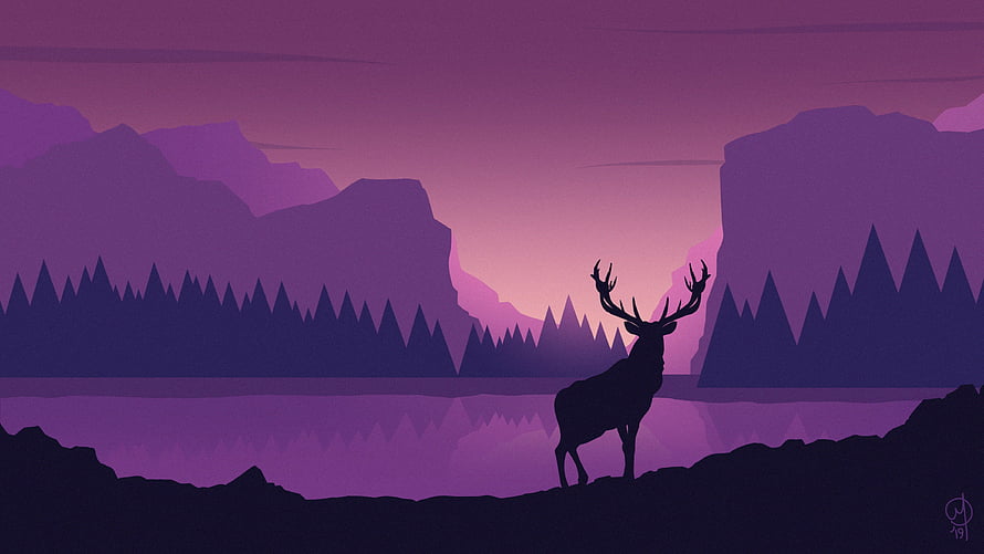 Silhouette of a majestic stag standing by a purple lake at sunset with mountains HD wallpaper