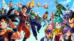 Dragon Ball Z ensemble cast featuring Goku, Vegeta, Piccolo, and Android 18 in dynamic action poses HD wallpaper