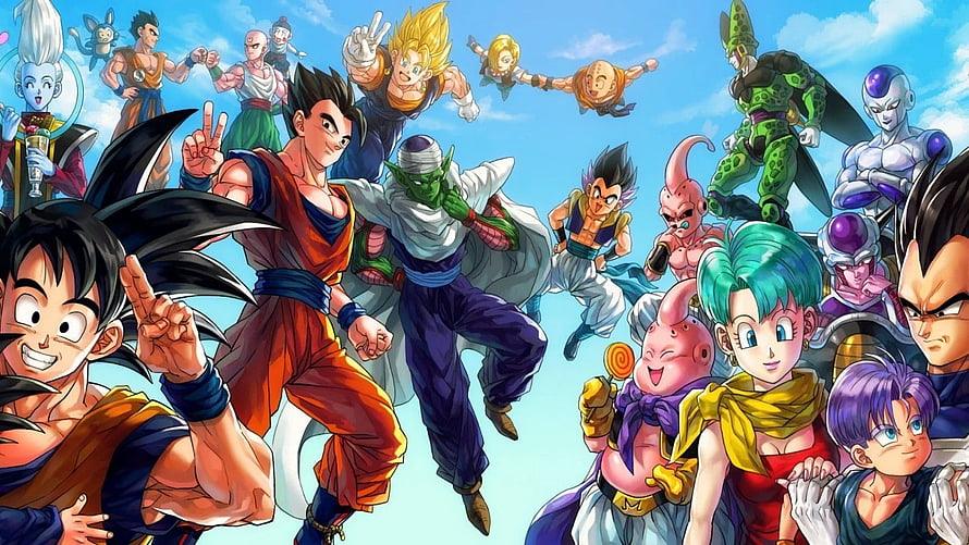 Dragon Ball Z ensemble cast featuring Goku, Vegeta, Piccolo, and Android 18 in dynamic action poses HD wallpaper