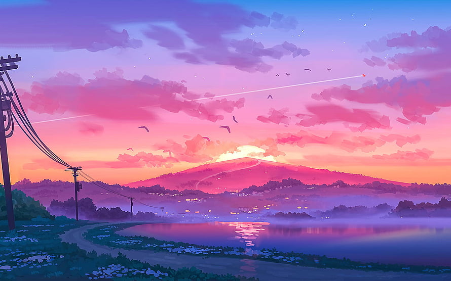 Anime Style Sunset Landscape With Mountain Lake And Power Lines HD wallpaper