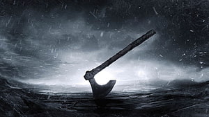 Dark Fantasy Axe Embedded in Snowy Ground with Stormy Background HD wallpaper