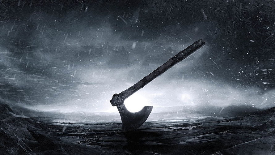 Dark Fantasy Axe Embedded in Snowy Ground with Stormy Background HD wallpaper