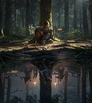 The Last of Us 2: Ellie Playing Guitar in a Misty Forest with Reflection HD phone wallpaper