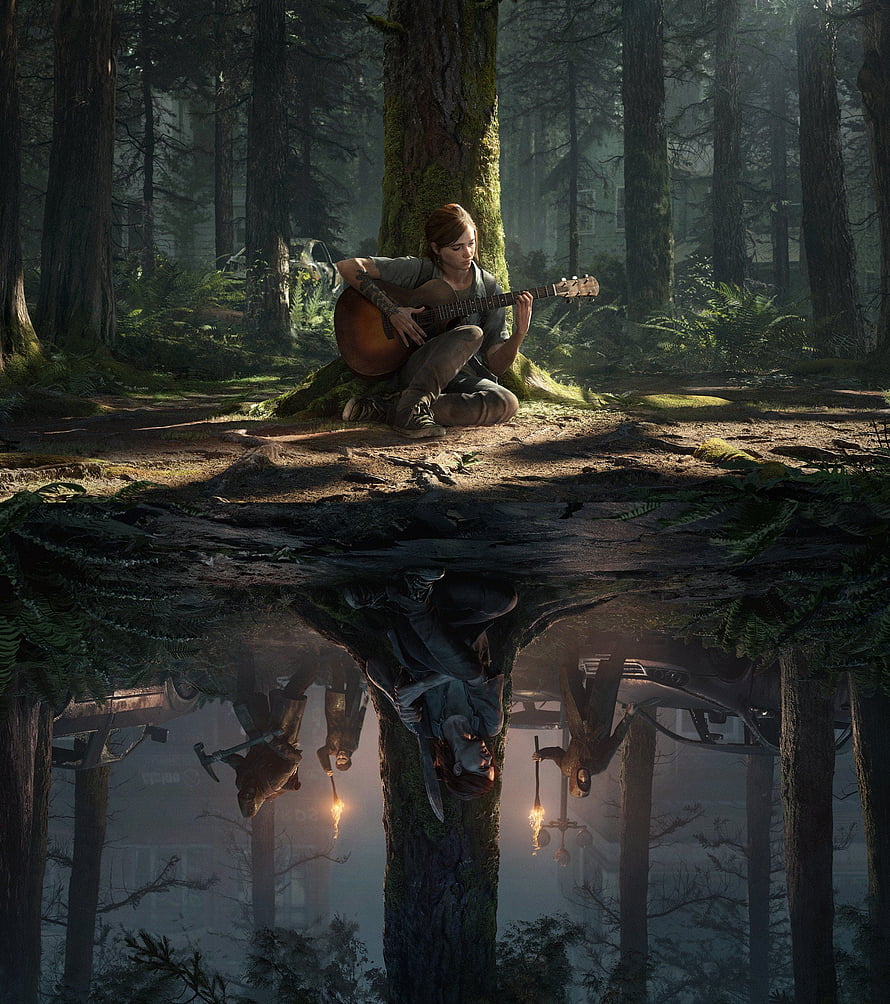 The Last of Us 2: Ellie Playing Guitar in a Misty Forest with Reflection HD phone wallpaper