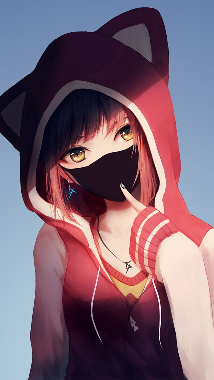 Anime Girl in Red Cat-Ear Hoodie with Black Face Mask and Amber Eyes HD phone wallpaper
