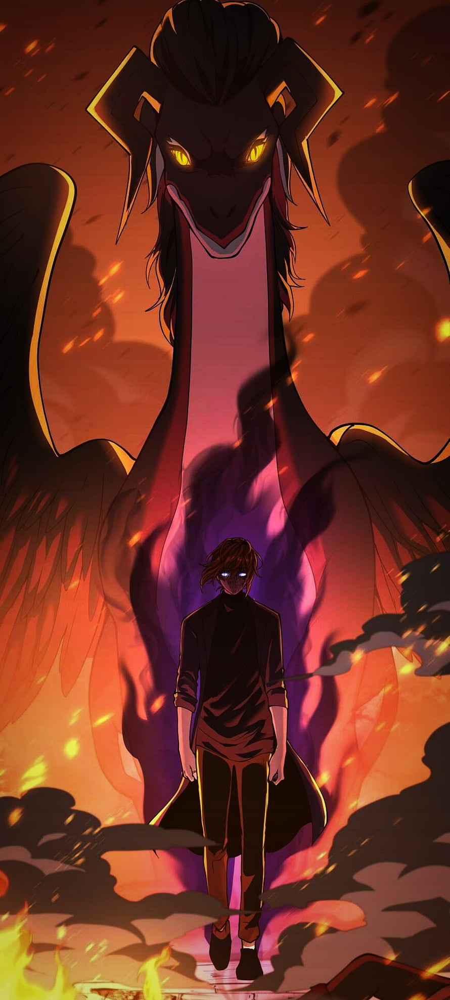 Anime Character With Glowing Eyes Standing Before Giant Dragon In Fire HD phone wallpaper