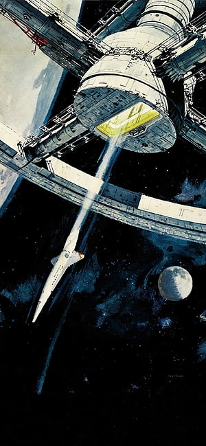 Retro Sci-Fi Space Station with Shuttle Departure and Distant Moon HD phone wallpaper