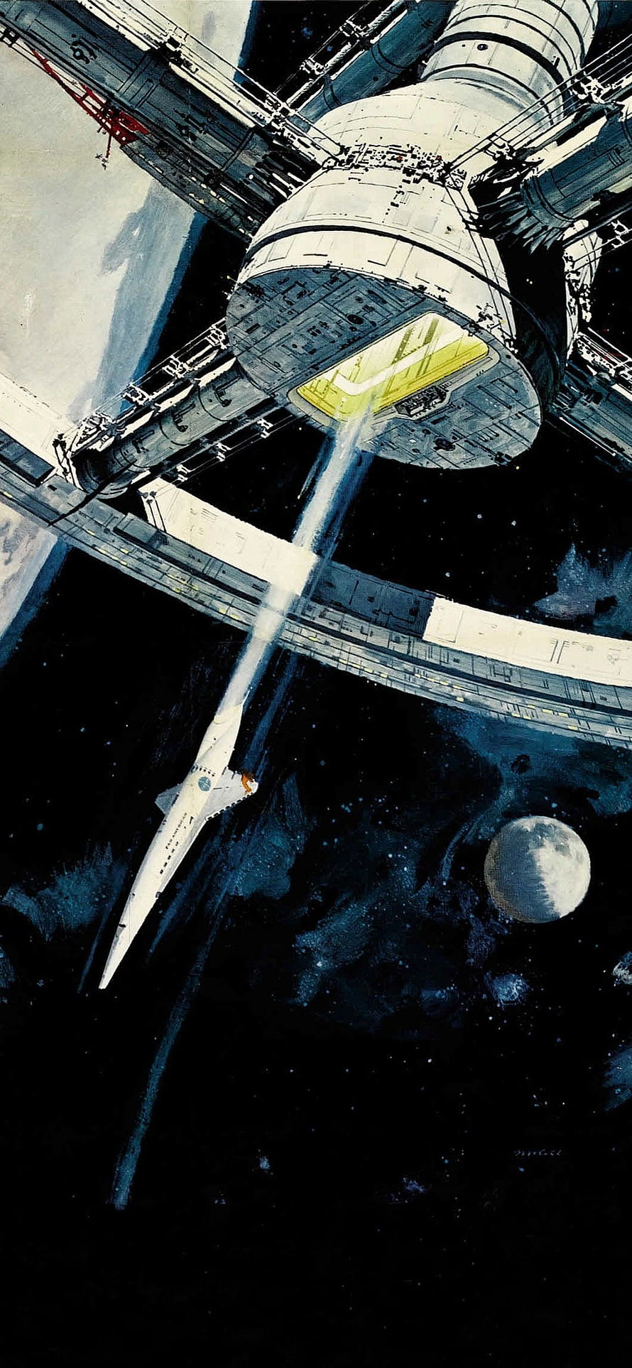 Retro Sci-Fi Space Station with Shuttle Departure and Distant Moon HD phone wallpaper