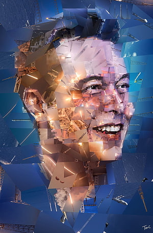 Abstract Mosaic Portrait of Elon Musk Composed of Rocket Launches and Space Exploration Imagery HD phone wallpaper