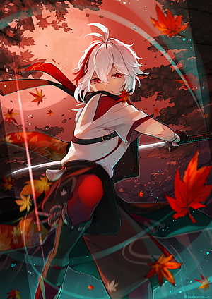 Kaedehara Kazuha from Genshin Impact wielding a katana amidst swirling autumn maple leaves HD phone wallpaper