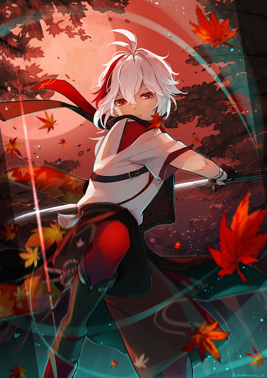 Kaedehara Kazuha from Genshin Impact wielding a katana amidst swirling autumn maple leaves HD phone wallpaper
