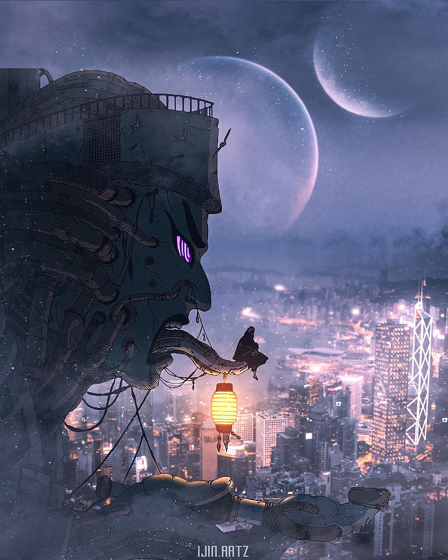 Giant Cybernetic Head Over Neon Cityscape With Lantern And Moons HD phone wallpaper