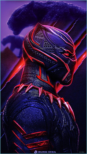 Black Panther T'Challa in Black Suit with Red Accents and Panther Shadow HD phone wallpaper
