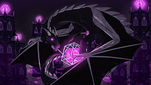 Minecraft Ender Dragon Coiling Around Glowing Purple Cube in Dark Fantasy Castle HD wallpaper